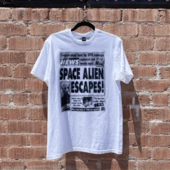 Space Alien Escapes White T-Shirt -Cheap Band Tees Vinyl Store SpaceAlienTee Lifestyle 2 1