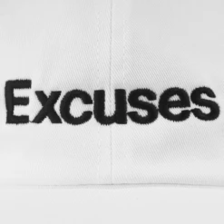 Excuses White Hat -Cheap Band Tees Vinyl Store TaraMacri WhiteDadHatFrontClose