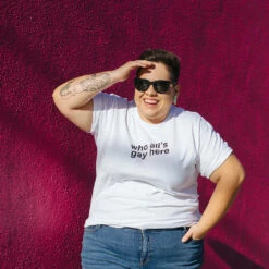 Who All’s Gay Here White Tee -Cheap Band Tees Vinyl Store whoallsgay 0000 model1 pic1